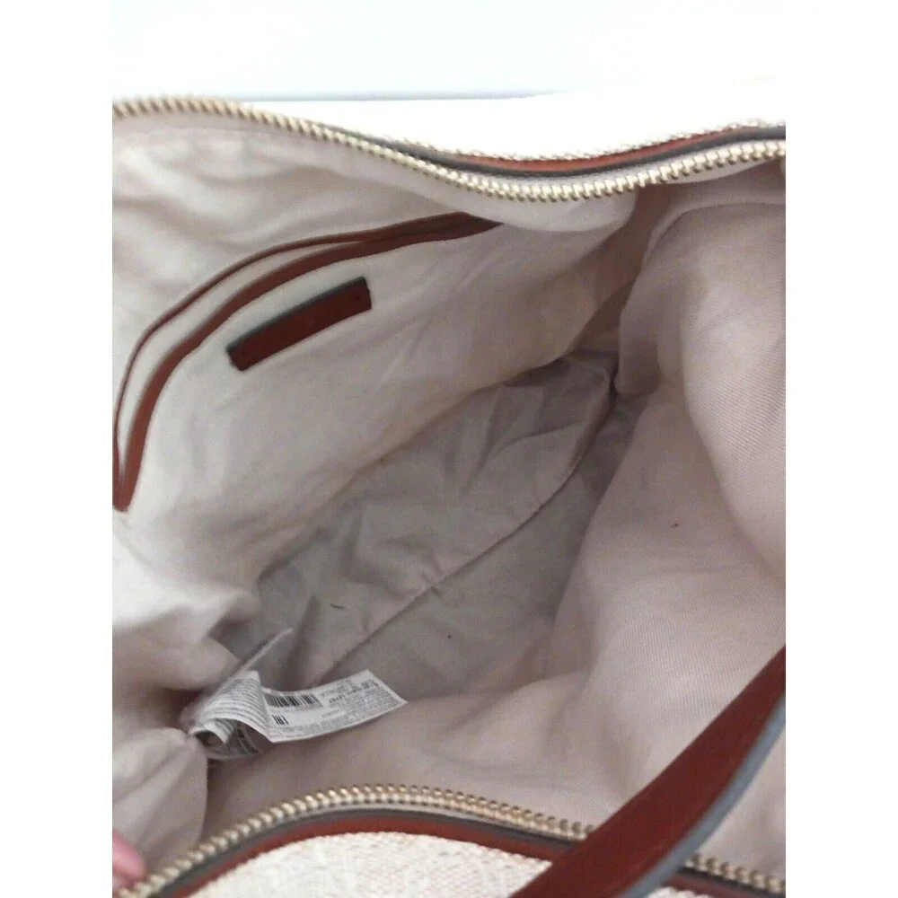 MNG Mango Cream Woven Jacquard Hobo Bag Brown Vegan Leather Double Straps